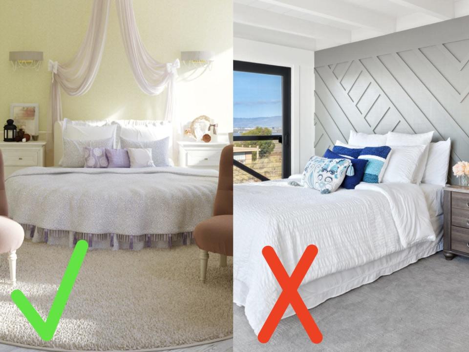 Bedroom with white circular bed and a yellow circular rug with green checkmark; Bedroom with bed with white sheets and gray diagonal paneled wall with red X