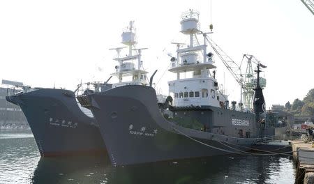 Japanese whaling vessel Yushin Maru (R) and Yushin Maru No.2 are seen before they leave for the Antartic Ocean at a port in Shimonoseki, southwestern Japan, in this photo taken by Kyodo December 1, 2015. REUTERS/Kyodo