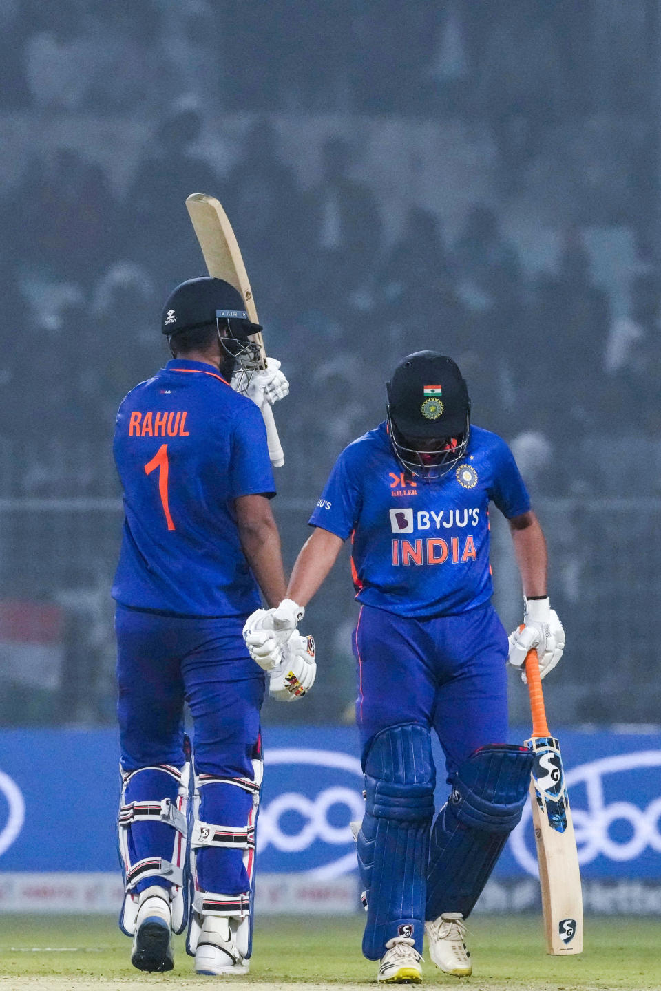 India’s K L Rahul acknowledges his fifty runs during the second one-day international cricket match between India and Sri Lanka in Kolkata, India, Thursday, Jan. 12, 2023. (AP Photo/Bikas Das)