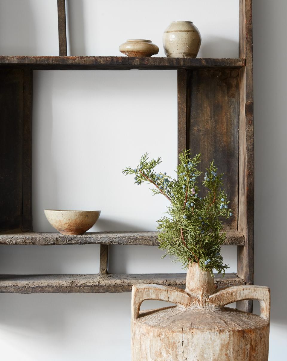 The designer favors items in natural materials with patina