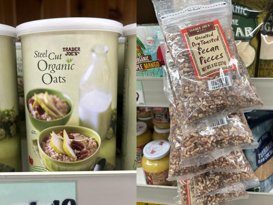 Trader Joe's steel-cut organic oats in a container next to image of TJ's toasted pecan pieces in a bag on display in the store