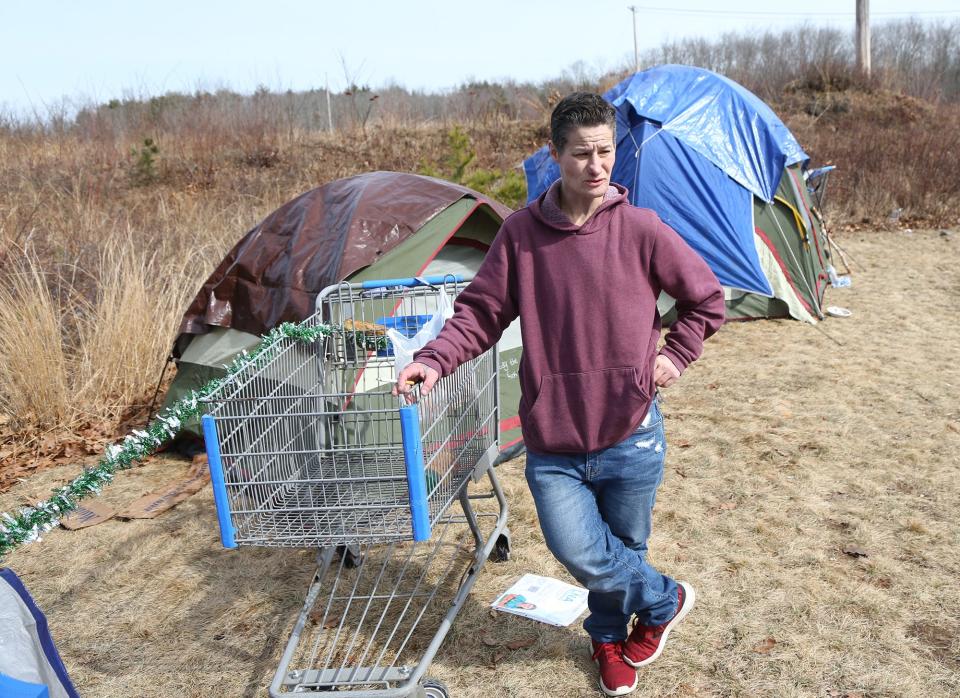 Jessy James is among the unhoused clients of the Willand Warming Center staying in tents outside the center when it's closed, as seen here Wednesday, March 6, 2024.