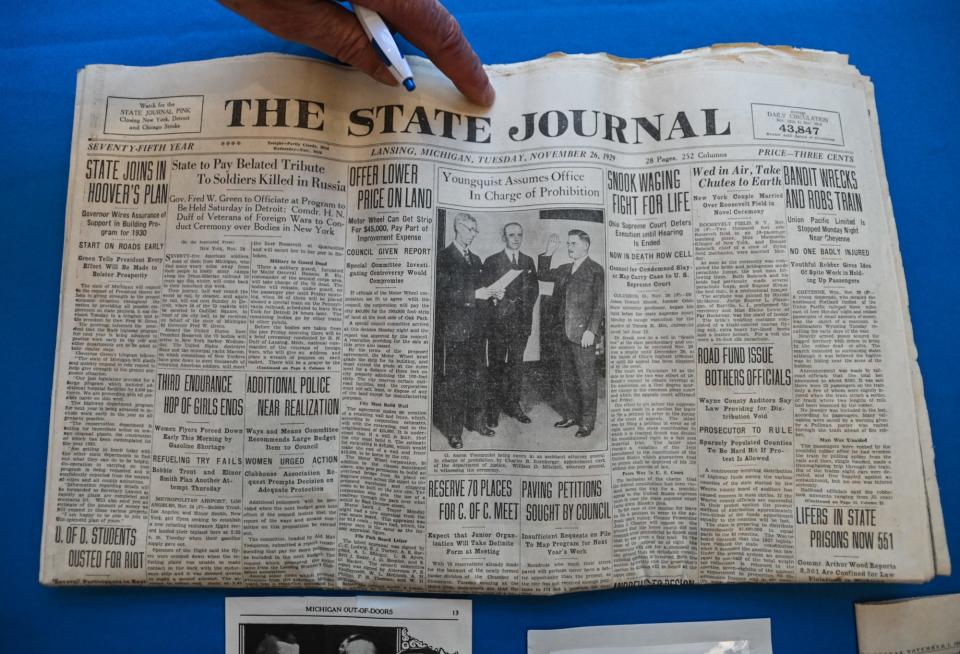 Some of the contents of the 1929 time capsule discovered in April at the old McLaren Greater Lansing campus as it was being torn down included this copy of the Lansing State Journal, seen Wednesday, May 1, 2024, at McLaren Greater Lansing's new campus in Lansing after the contents were unveiled during a special ceremony.