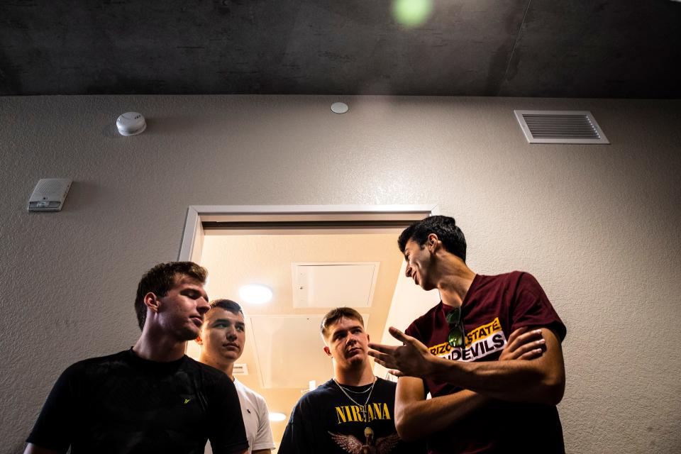 From left, Austin Kennedy, Owen Eaton, Logan Hall and Andrew Fontana moved into their dorm suite last weekend at Arizona State University in Tempe. Kennedy said he hoped other students would get vaccinated to reduce the chances of having class go online again.