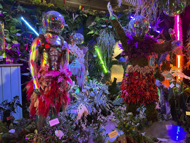 This March 3, 2023, image provided by Jessica Damiano shows a scene from the "Studio Exotica," display at the 2023 Philadelphia Flower Show held at the Pennsylvania Convention Center in Philadelphia. (Jessica Damiano via AP)