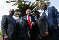 <p>L-R: Kenya’s President Uhuru Kenyatta, Guinea’s President Alpha Conde, U.S. President Donald Trump, African Development Bank President Akinwumi Adesina, Nigeria’s Vice-President Yemi Osinbajo and Ethiopiaís Prime Minister Hailemariam Desalegn pose following a family photo of the G7 Summit expanded session in Taormina, Sicily, Italy May 27, 2017.(Photo: Jonathan Ernst/Reuters) </p>