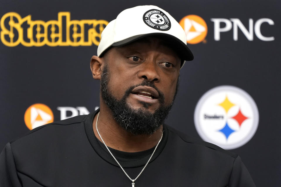 Pittsburgh Steelers head coach Mike Tomlin holds his season-ending meeting with reporters at the NFL football team's practice facility in Pittsburgh, Thursday, Jan. 18, 2024. (AP Photo/Gene Puskar)