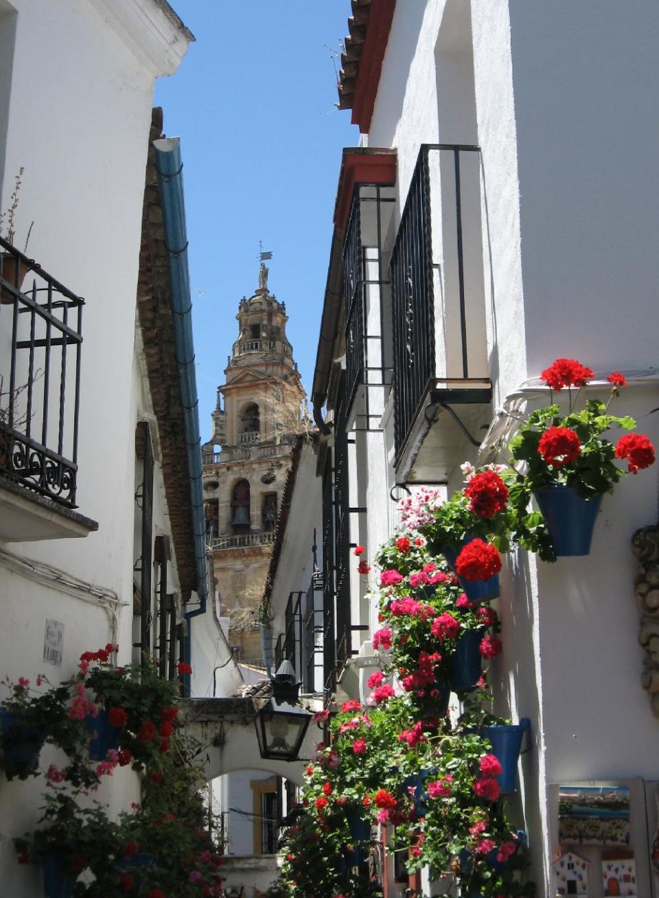 This June 4, 2013 photo shows the bell tower of the Mezquita cathedral framed by bright flower pots along narrow Calleja de las flores, a whitewashed alley in the city old Jewish neighborhood of Cordoba, in Andalusia, Spain. Andalusia offers a fusion of Christian and Islamic cultures, found in architectural masterpieces and in everyday life. (AP Photo/ Giovanna Dell'Orto)