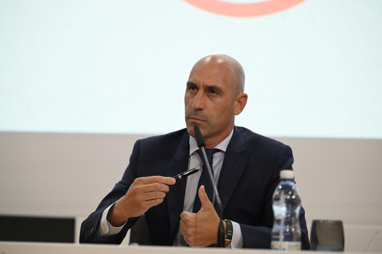 Luis Rubiales durante la presentación de la inclusión de Ucrania en la candidatura de España y Portugal para el Mundial de 2030. (Foto: Kristian Skeie / UEFA / Getty Images).