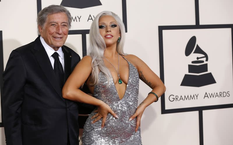 Singers Tony Bennett and Lady Gaga arrive at the 57th annual Grammy Awards in Los Angeles