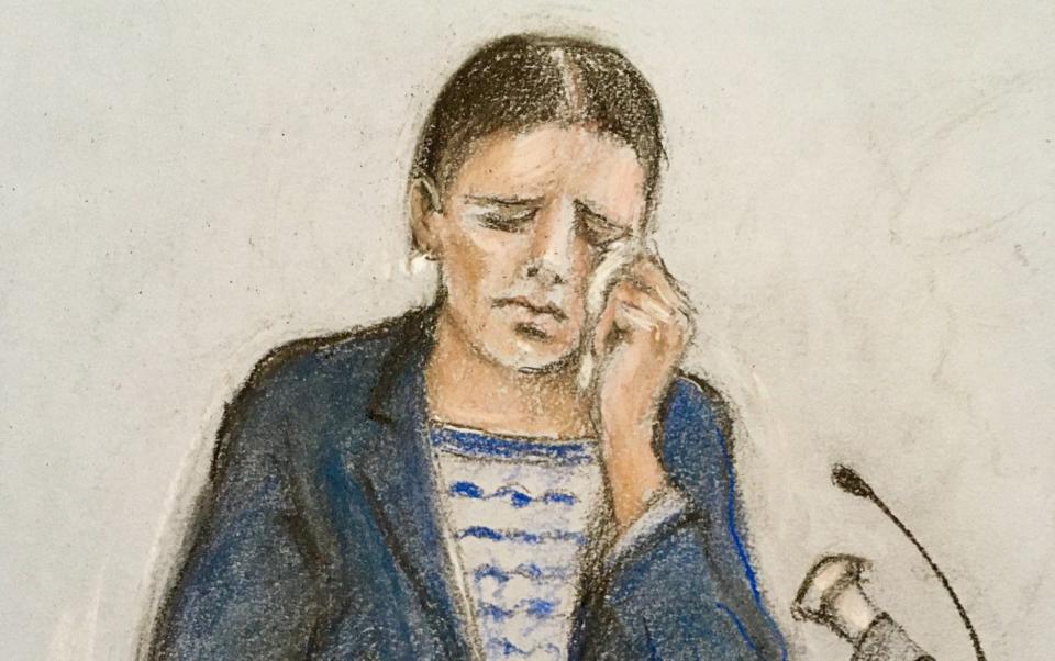 Court artist sketch by Elizabeth Cook of Rebekah Vardy wiping away tears as she gives evidence - Elizabeth Cook 