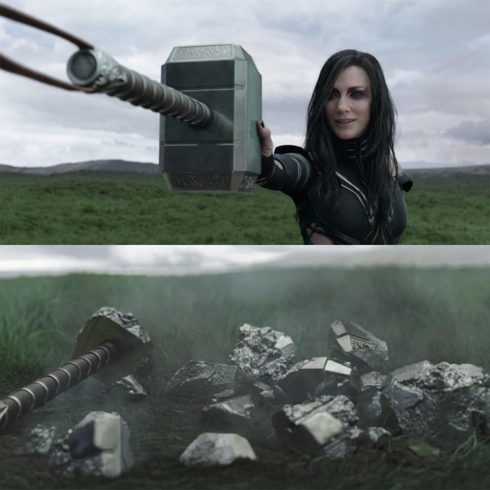 Hela destroying the hammer in "Thor: Ragnarok."