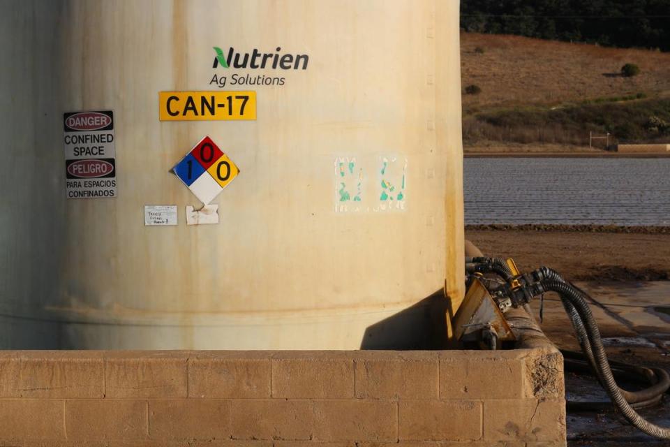 A large container of nitrogen fertilizer sits ready for use at Talley Farms in Arroyo Grande on Nov. 30, 2023.