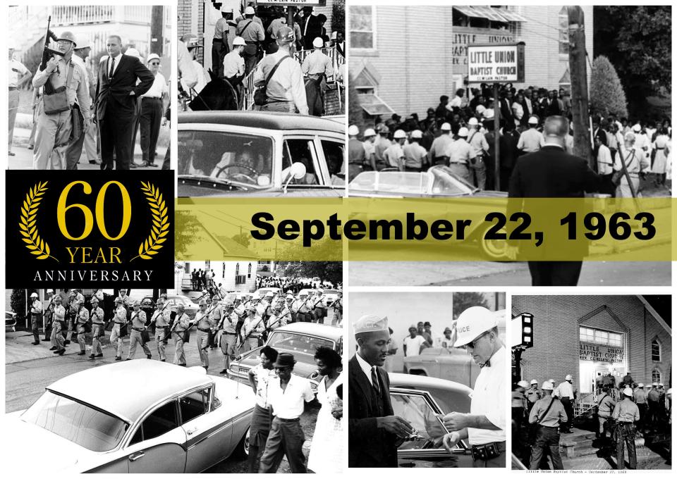 Historic photos dated September 22, 1963, from the LSUS Northwest Louisiana Archives of the Shreveport police confrontation at Little Union Baptist Church in Shreveport.