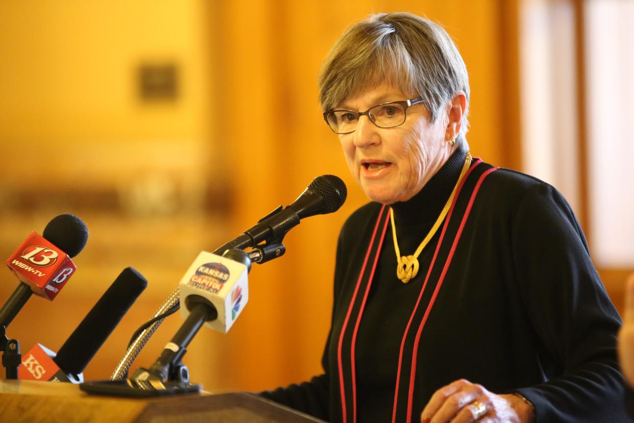 Gov. Laura Kelly speaks in support of Medicaid expansion at a Statehouse rally.