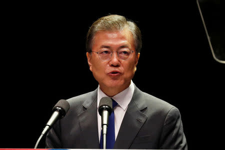 South Korean President Moon Jae-In, delivers a speech during celebrations of the 72th anniversary of Korea's Independence Day from Japanese colonial rule in 1945 in Seoul, South Korea, August 15, 2017. REUTERS/Jeon Heon-Kyun/Pool