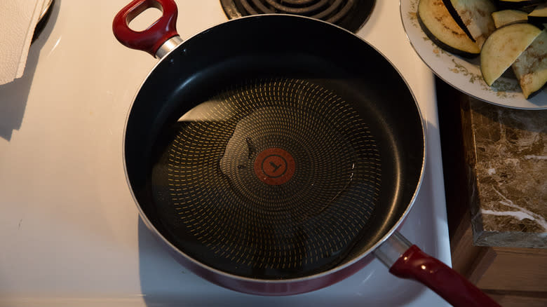 oil heating in frying pan