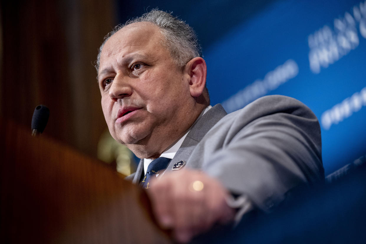 FILE - Navy Secretary Carlos Del Toro speaks at the National Press Club Headliners Luncheon in Washington, Feb. 21, 2023. (AP Photo/Andrew Harnik, File)