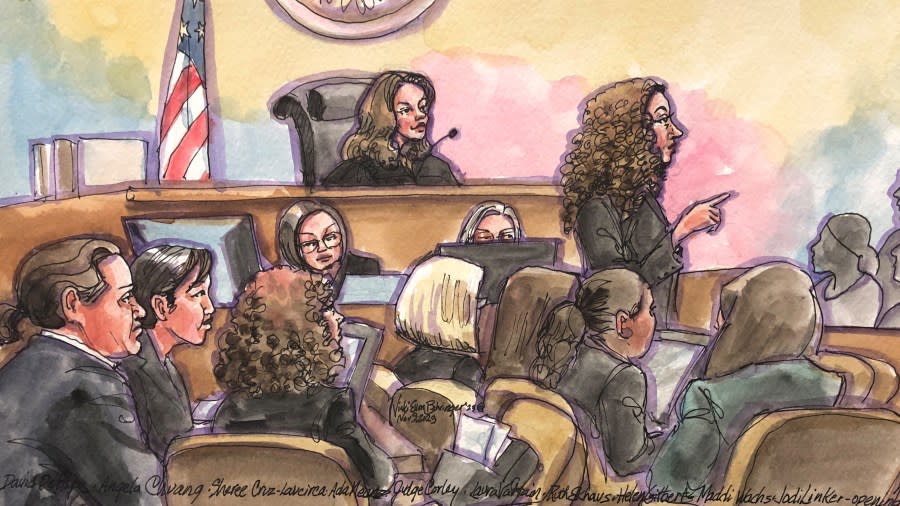 David DePape, left, listens as his defense attorney (standing) speaks to the jury. (Courtroom sketch by Vicki Behringer)