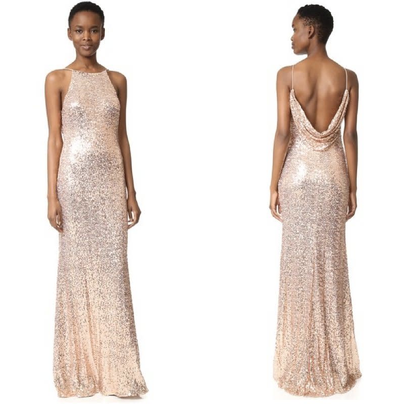 Buy the&nbsp;<a href="https://www.shopbop.com/cowl-back-sequin-gown-badgley/vp/v=1/1573721562.htm?currencyCode=USD&amp;extid=SE_froogle_SC_usa&amp;cvosrc=cse.google.BADGA30142&amp;cvo_campaign=SB_Google_USD&amp;s_kwcid=AL!3510!3!{creative}!{matchtype}!{placement}!{network}!!{keyword}&amp;ef_id=U-dM7QAABbEuVxD4:20170808143501:s" target="_blank">Badgley Mischka Collection 'cowl back sequin gown'</a>&nbsp;for $615