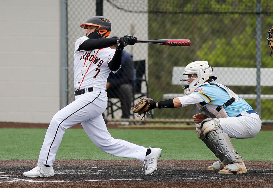 Ashland High School's Kamden Mowry (7) bats against Wooster High School during high school baseball action Thursday, May 5, 2022 at Ashland University's Donges Field. TOM E. PUSKAR/TIMES-GAZETTE.COM