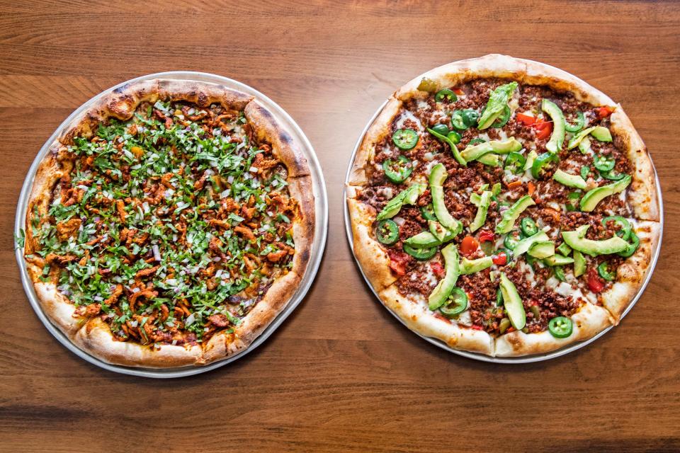 Chef Valentin Palillero's "Pizza al Pastor," a crowd-favorite, and "Pizza Mexicana" pies are featured at San Lucas Pizzeria, the restaurant Palillero co-owns with his wife, Eva Mendez, since 2005, in Philadelphia, Tuesday, Sept. 19, 2023. Paillero is the first chef known to have made a specialty out of Mexican pizza in South Philly.