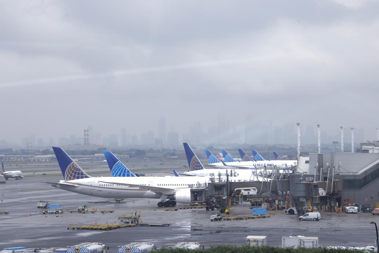 Planes are seen on the tarmac as people wait for their flight rescheduled inside of the Newark International Airport on June 27, 2023 in Newark, New Jersey. (Photo by Kena Betancur/Getty Images)