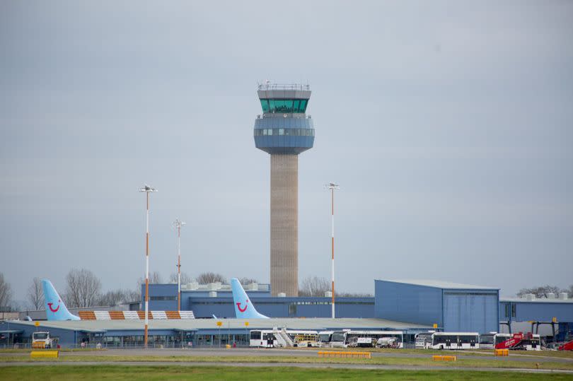 CASTLE DONINGTON, ENGLAND - JANUARY 31: East Midlands Airport, Castle Donington, UK, Air traffic control tower. (Photo by April Banks/Rolls-Royce plc via Getty Images)