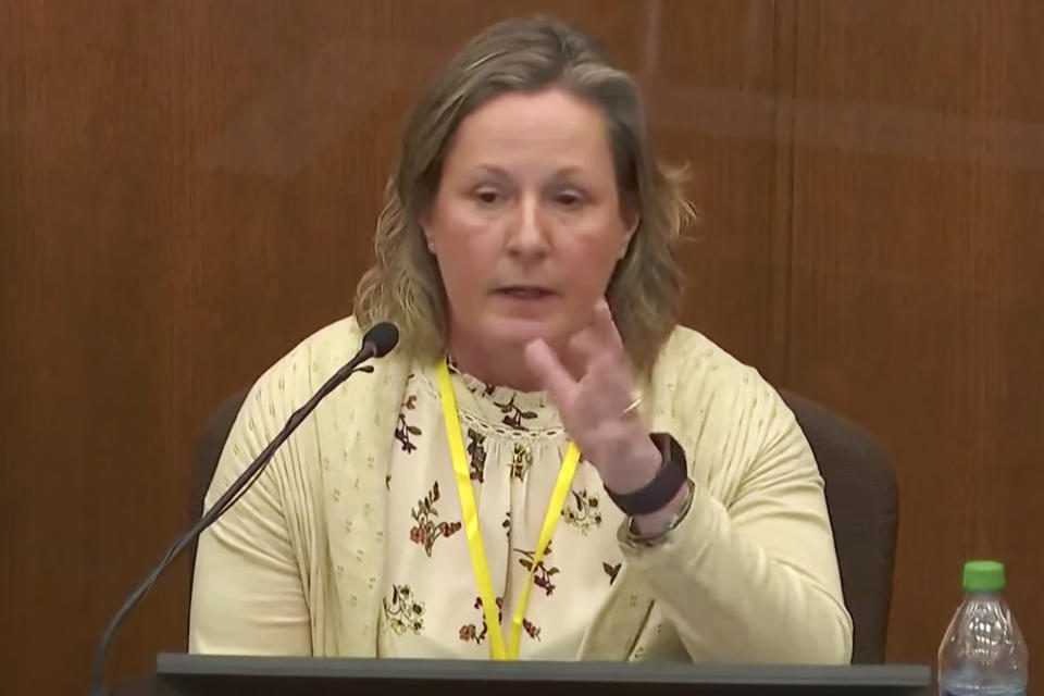 FILE - In this image taken from video, former Brooklyn Center Police Officer Kim Potter testifies during her trial, Friday, Dec. 17, 2021, in Minneapolis. Potter is charged with first- and second-degree manslaughter in the shooting of Daunte Wright, a Black motorist, in the suburb of Brooklyn Center. The suburban Minneapolis city has agreed to pay $3.2 million to the family of Daunte Wright, a Black man who was fatally shot by a police officer who said she confused her gun for her Taser. The tentative settlement also includes changes in police policies and training involving traffic stops like the one that resulted in Wright's death, according to a statement Tuesday, June 21, 2022 from attorneys representing Wright's family. (Court TV via AP, Pool, File)