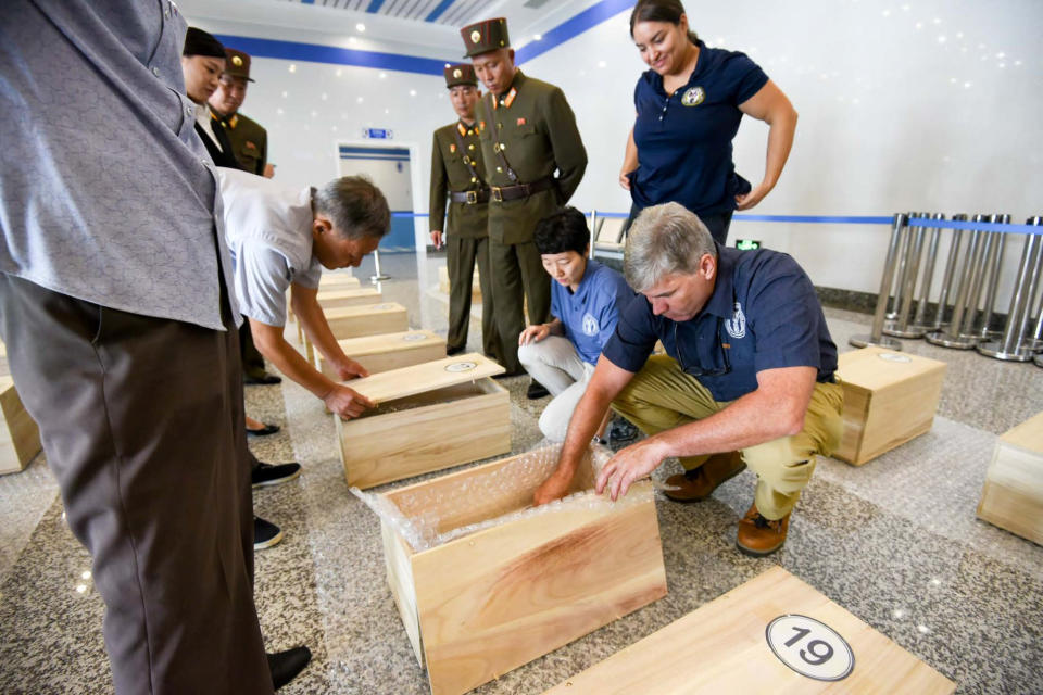 <p>Forensic anthropologists from the U.S. Defense POW/MIA Accounting Agency (DPAA) perform a preliminary field review of remains thought to be of U.S. soldiers killed in the 1950-53 Korean War in Wonsan, North Korea, July 27, 2018. Picture taken on July 27, 2018. (Photo: U.S. Forces Korea/Handout via Reuters) </p>