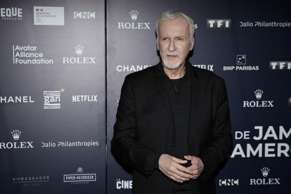 Canadian filmmaker James Cameron poses during a photocall for the opening of the exhibition entitled 'The Art of James Cameron' at the Cinematheque Francaise in Paris on April 3, 2024. The exhibition, produced by the Cinematheque Francaise in association with the Avatar Alliance Foundation, decodes Cameron's career and creative process. It runs from April 3, 2024 to January 5, 2025. (Photo by STEPHANE DE SAKUTIN / AFP) (Photo by STEPHANE DE SAKUTIN/AFP via Getty Images)