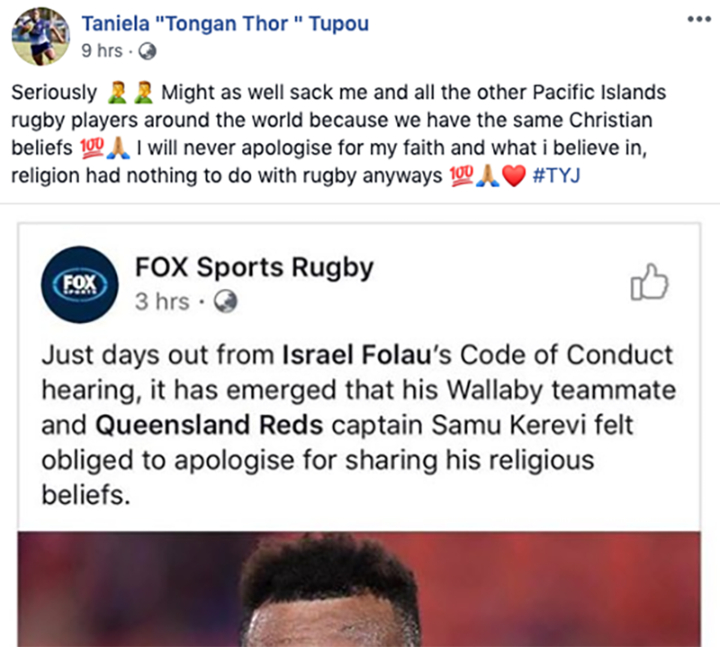 Taniela Tupou’s post. Image: Facebook