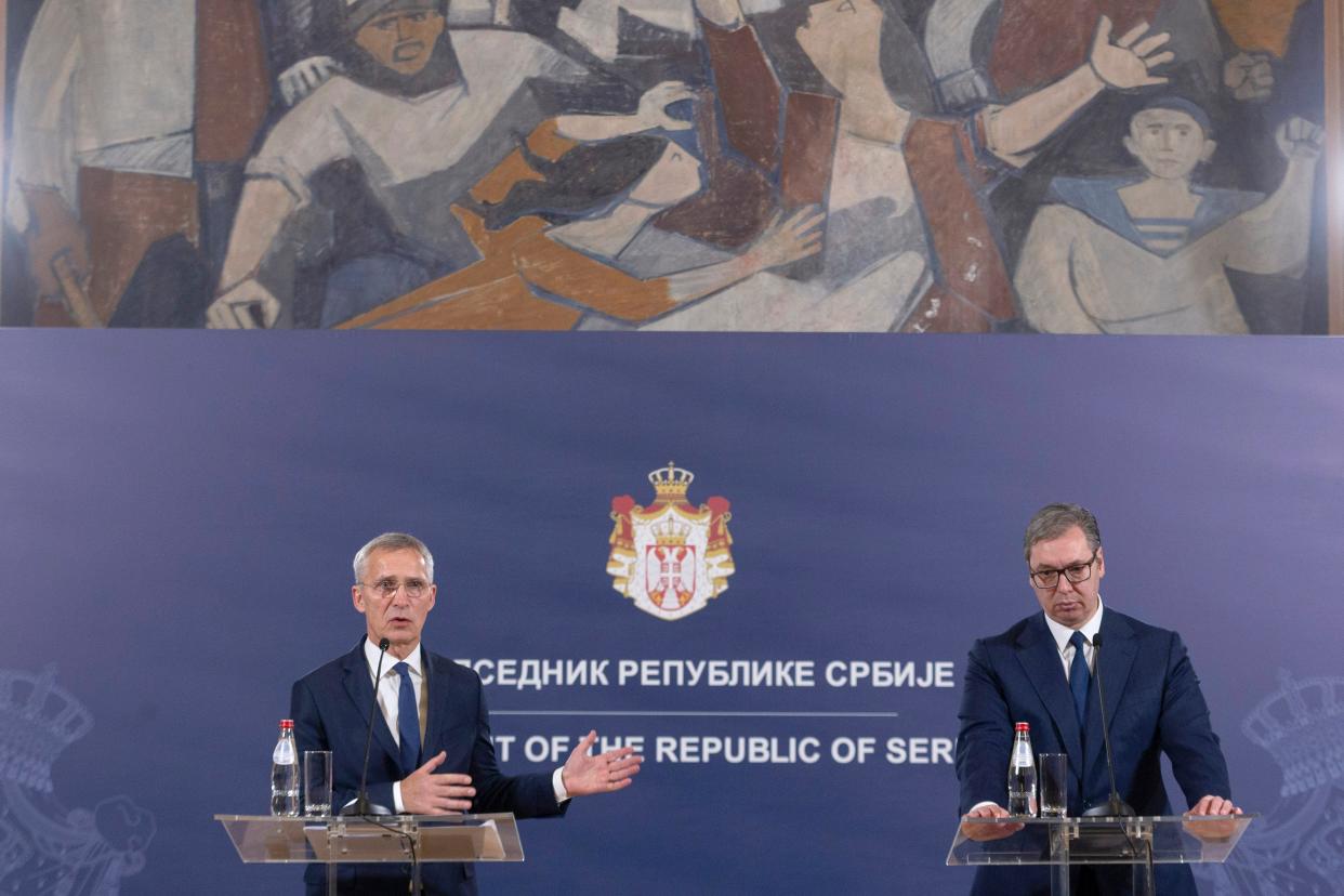 NATO Secretary General Jens Stoltenberg, left, speaks at a joint press conference with Serbian President Aleksandar Vucic, on the occasion of their meeting in Belgrade, Serbia (Copyright 2023 The Associated Press. All rights reserved.)