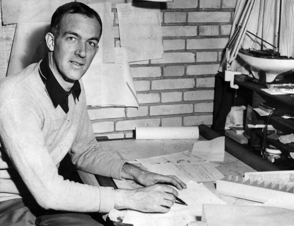 2nd February 1957:  Jorn Utzon, architect of Sydney's Opera House, designing at his desk.  (Photo by Keystone/Getty Images)