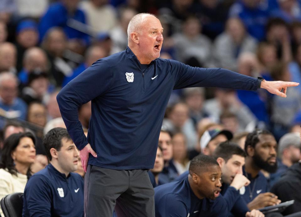 Butler head coach Thad Matta yells to his team as they play against Creighton during the first half of an NCAA college basketball game Friday, Feb. 2, 2024, in Omaha, Neb. (AP Photo/Rebecca S. Gratz)