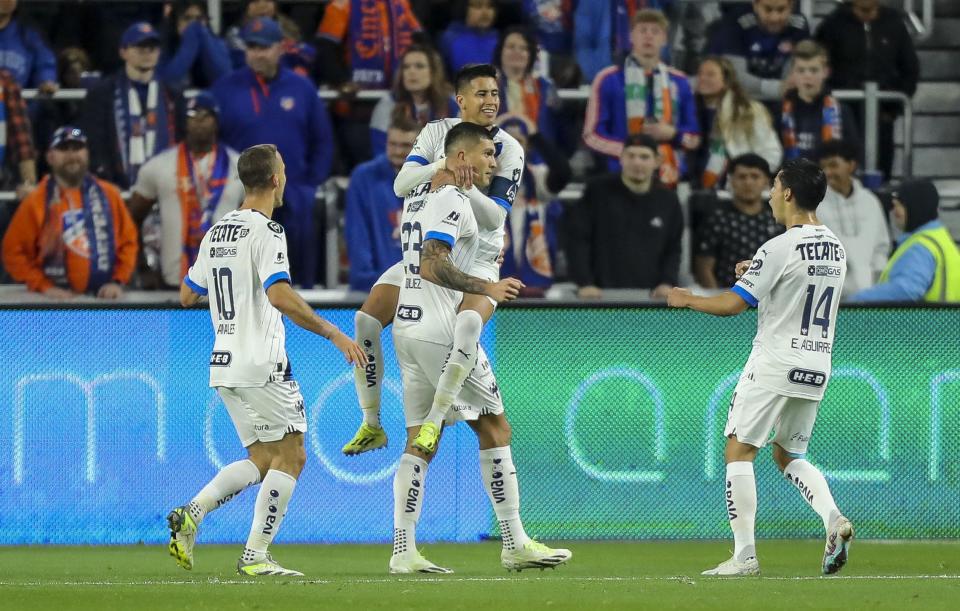 CF Monterrey, pictured here celebrating on March 7 at TQL Stadium, ousted FC Cincinnati Thursday, March 14 from the CONCACAF Champions Cup. Brandon Vazquez scored two goals in the two-match series and goalkeeper Esteban Andrada was a difference-maker Thursday at BBVA Stadium in Monterrey.