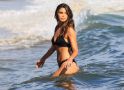 <p><em>Extra</em> co-host Jennifer Lahmers stuns in an all-black bikini on Monday, on the beach in Santa Monica.</p>