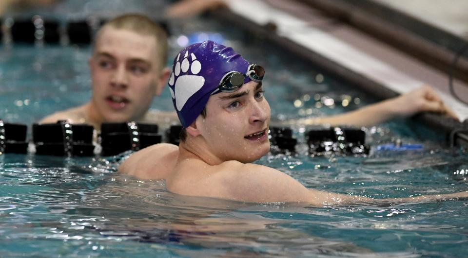 Jackson's Luke Vickers looks for his time after his finish in boys 200 yard IM event at the 2024 DI Canton Sectional Swimming at C.T. Branin Natatorium in Canton. Saturday, February 10, 2024.