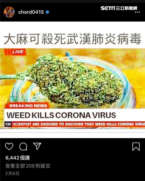 謝和弦發文稱大麻可殺死新型冠狀肺炎遭起訴。（圖／翻攝自謝和弦IG）