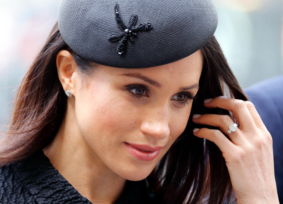 LONDON, UNITED KINGDOM - APRIL 25: (EMBARGOED FOR PUBLICATION IN UK NEWSPAPERS UNTIL 24 HOURS AFTER CREATE DATE AND TIME) Meghan Markle attends an Anzac Day Service of Commemoration and Thanksgiving at Westminster Abbey on April 25, 2018 in London, England. Anzac Day commemorates members of the Australian and New Zealand Army Corps who died during the Gallipoli landings of 1915. (Photo by Max Mumby/Indigo/Getty Images)