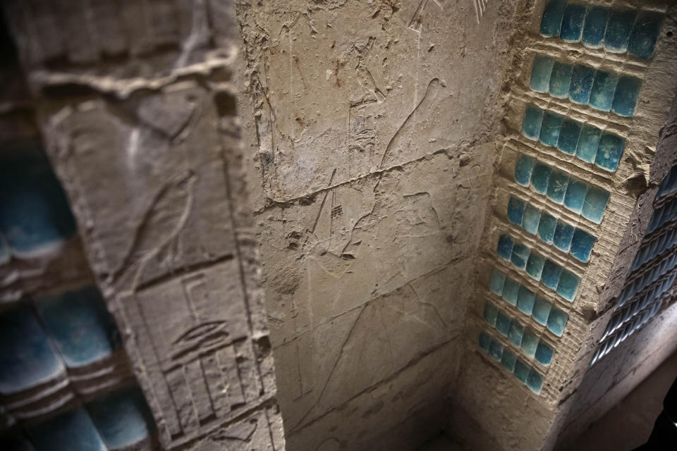 Inscriptions adorn a wall of the southern cemetery of King Djoser, after its restoration, near the famed Step Pyramid, in Saqqara, south of Cairo, Egypt, Tuesday, Sept. 14, 2021. (AP Photo/Nariman El-Mofty)