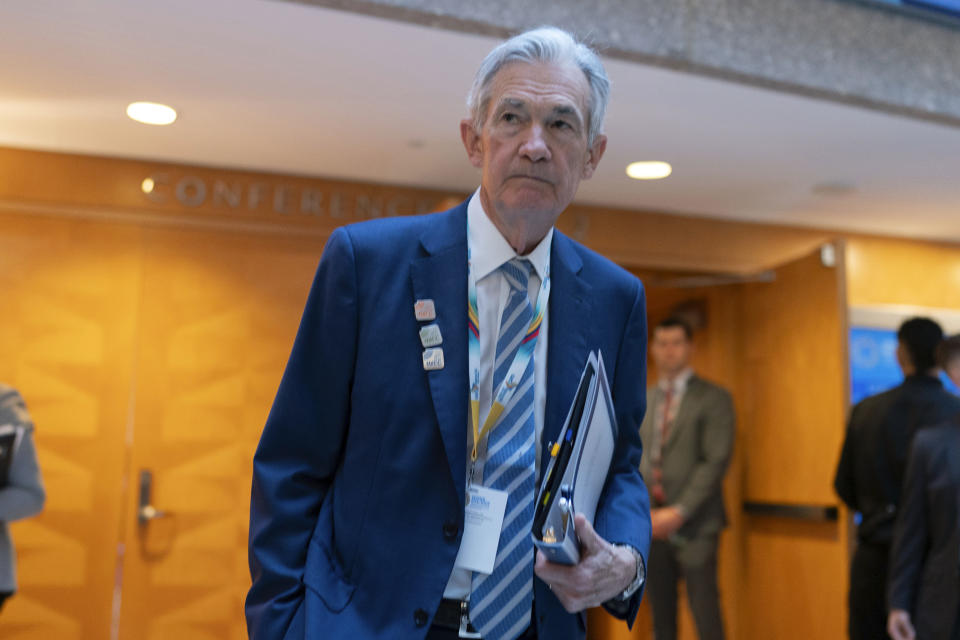 U.S. Federal Reserve Chairman Jerome Powell arrives at the International Monetary and Financial Committee (IMFC) plenary session during the World Bank-IMF Spring Meetings at the International Monetary Fund (IMF) headquarters in Washington, Friday, April 19, 2024. (AP Photo/Jose Luis Magana)