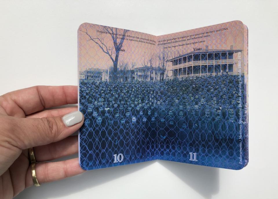In Castillo's artwork, the image of a school for Native American children gets overlaid with a chain-link fence pattern that emulates the moire print on real passport pages.