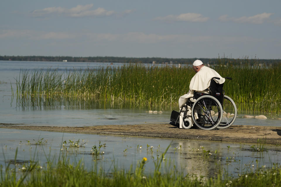 Pope Francis visits the Lac Ste. Anne pilgrimage site in Alberta, Canada, Tuesday, July 26, 2022. Pope Francis crisscrossed Canada this week delivering long overdue apologies to the country's Indigenous groups for the decades of abuses and cultural destruction they suffered at Catholic Church-run residential schools. (AP Photo/Eric Gay)