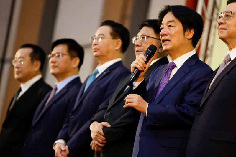 Taiwan President-elect Lai Ching-te speaks during a press conference where incoming cabinet members are announced in Taipei