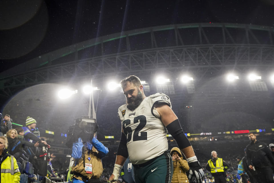 Philadelphia Eagles center Jason Kelce walks off the field after an NFL football game against the Seattle Seahawks, Monday, Dec. 18, 2023, in Seattle. The Seahawks won 20-17. (AP Photo/Lindsey Wasson)