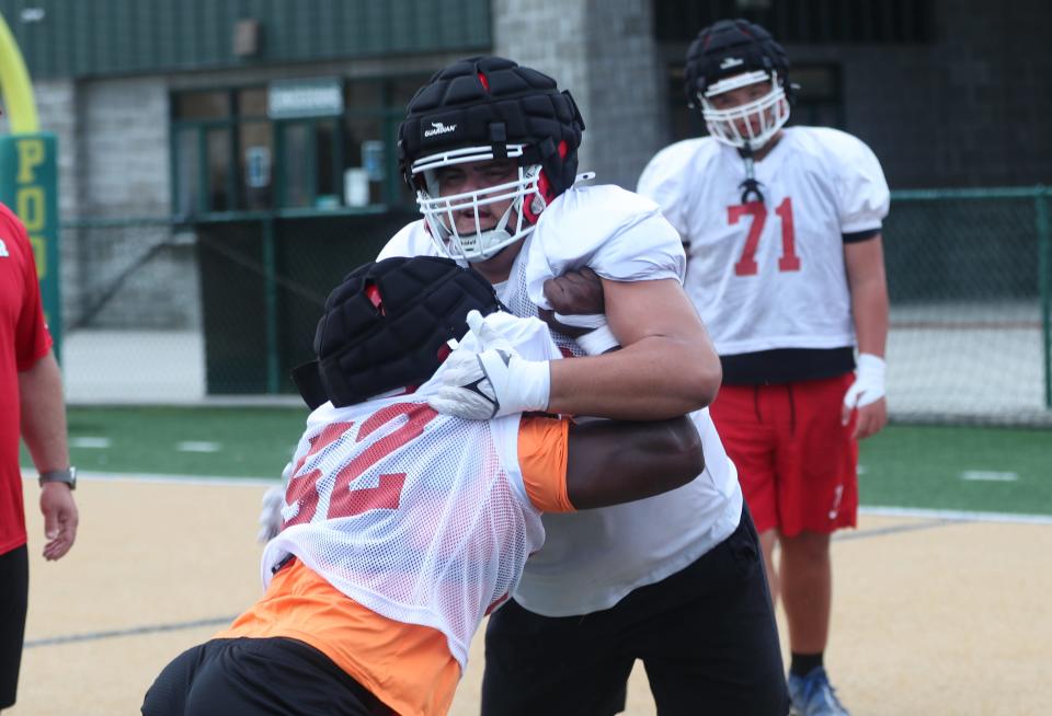 Savannah Christian lineman Jordan Dillon works against a teammate during practice on Monday, July 29, 2024 at Pooler Stadium.