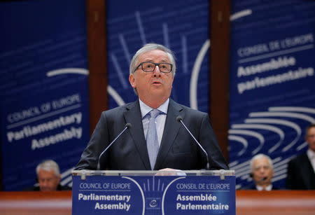 European Commission President Jean-Claude Juncker addresses the Parliamentary of the Council of Europe in Strasbourg, France, April 19, 2016. REUTERS/Vincent Kessler