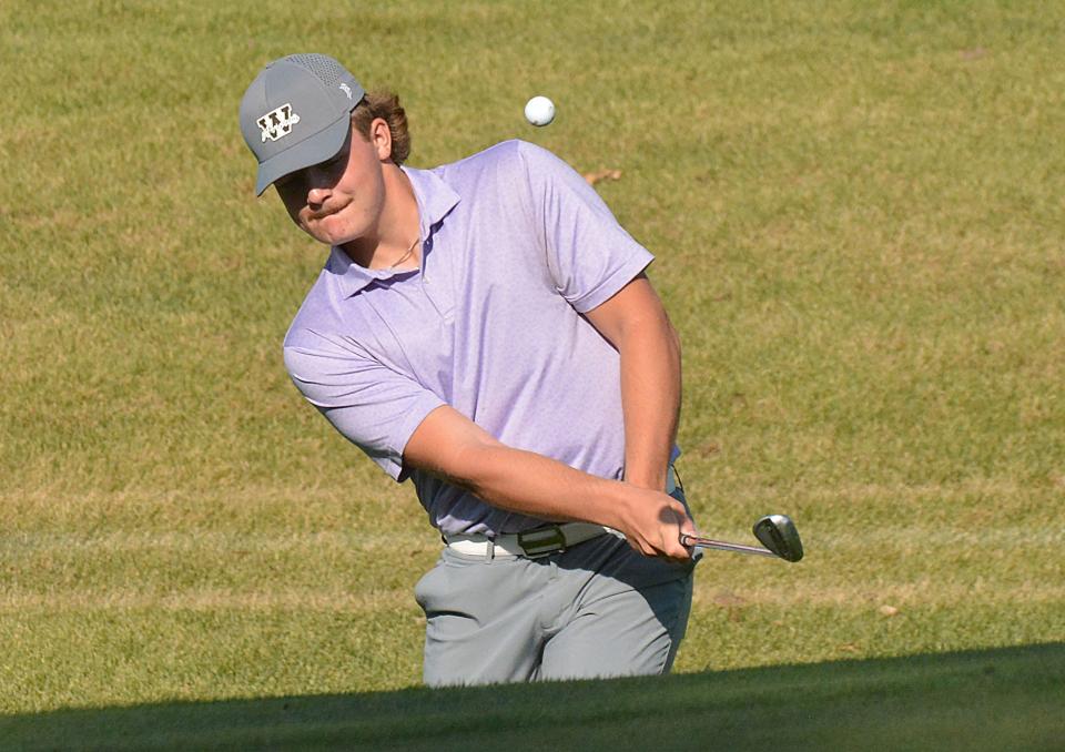 Kaden Rylance of Watertown hits a shot to No. 3 Yellow during the final day of the state Class AA high school boys golf tournament on Tuesday, Oct. 8, 2024 at Cattail Crossing Golf Course in Watertown.