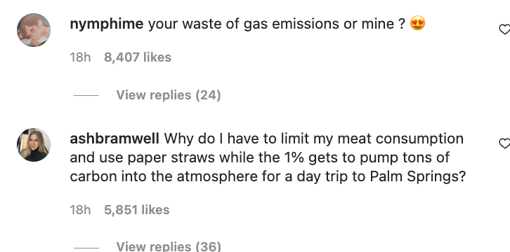 "Why do i have to limit my meat consumption and use paper straws while the 1% gets to pump tons of carbon into the atmosphere"